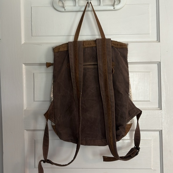 Myra Bag Brown and Cream Patterned Backpack with Leather Accents - Picture 3 of 6